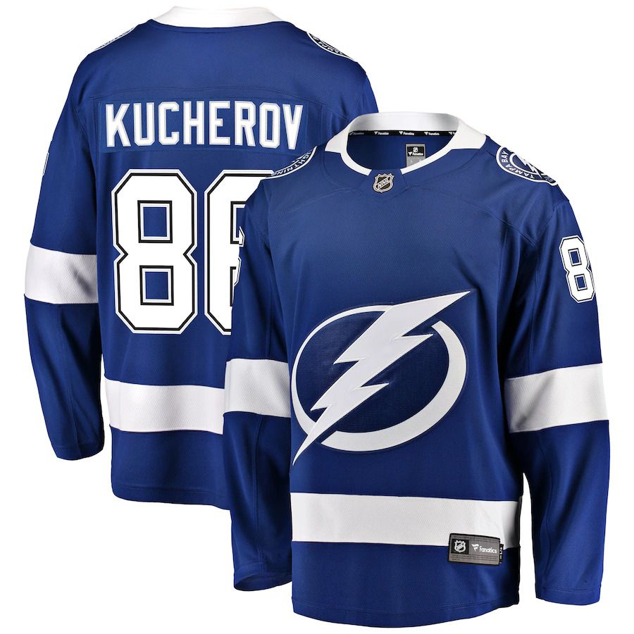 Men Tampa Bay Lightning 86 Nikita Kucherov Fanatics Branded Blue Home Breakaway Player NHL Jersey